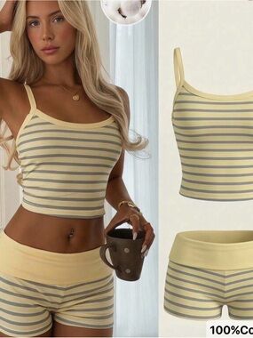Striped Yellow & Gray Cotton Tank and Short Set - Women Intimates